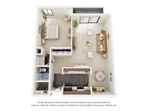 Floor plan for 1 bed, 1 bath, 684 sqft